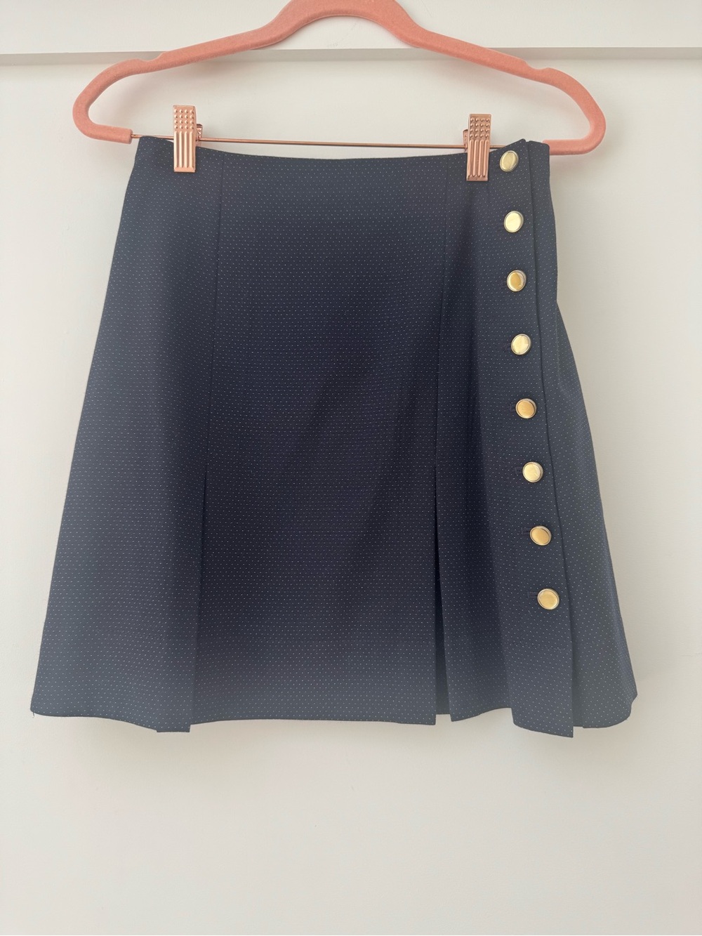 Club Monaco Navy Mini Skirt with Gold Side Buttons